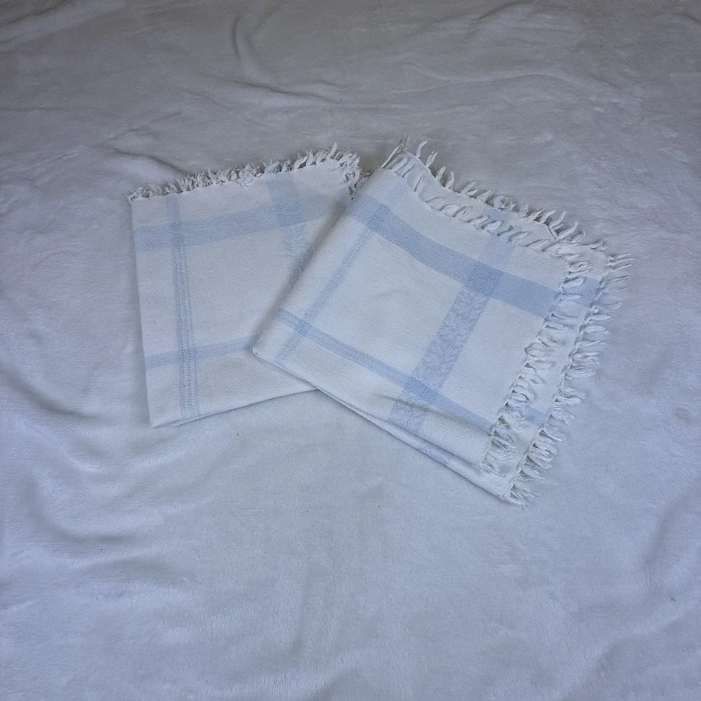 Vintage Blue White Plaid Woven Placemats Set of 2 Fringe Table Linens 16x16